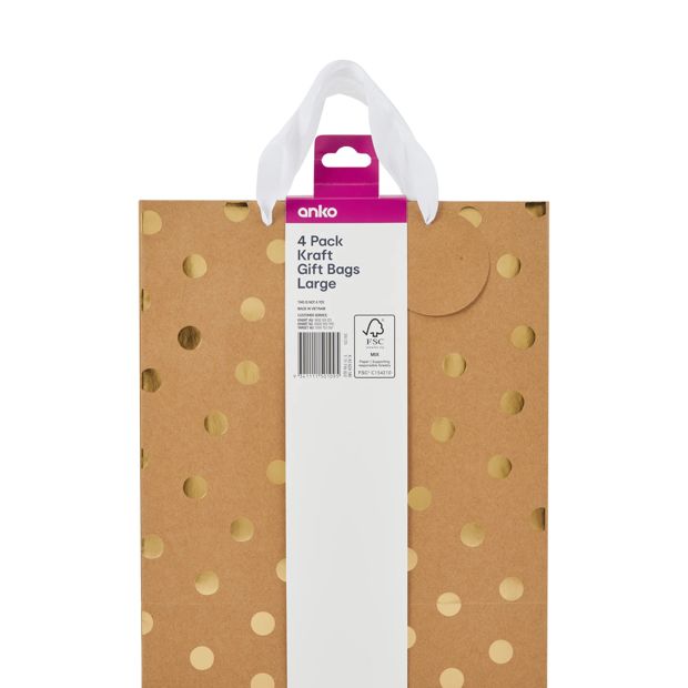 4 Pack Multi Kraft Foil Gift Bags, Large - Anko