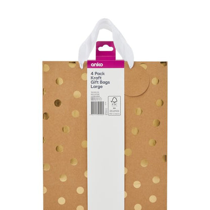 4 Pack Multi Kraft Foil Gift Bags, Large - Anko