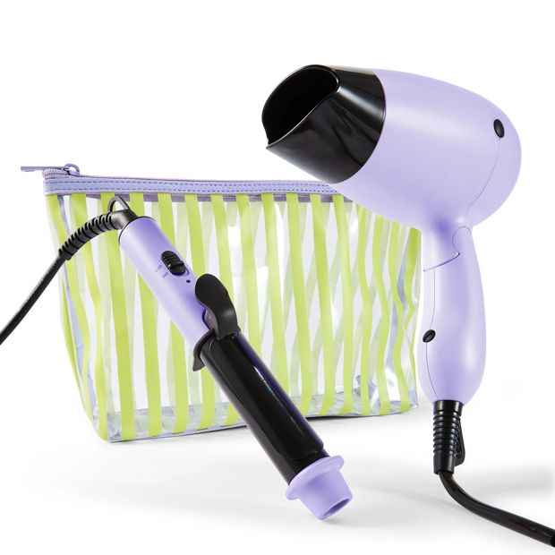 Compact Hair Dryer & Curler Set with Cosmetic Bag