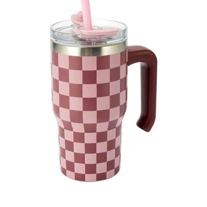 600ml Insulated Tumbler with Handle - Burgundy Check Pattern