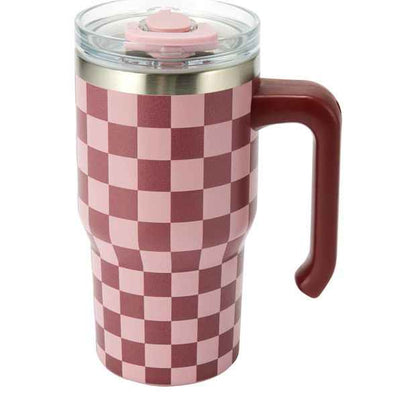 600ml Insulated Tumbler with Handle - Burgundy Check Pattern