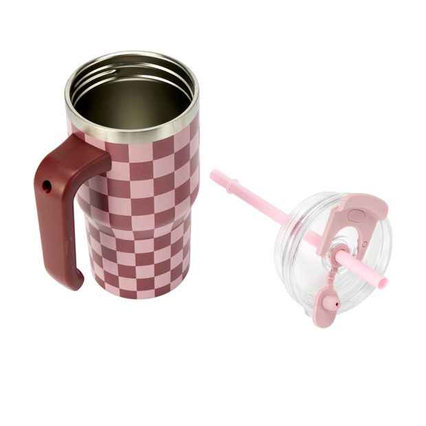 600ml Insulated Tumbler with Handle - Burgundy Check Pattern