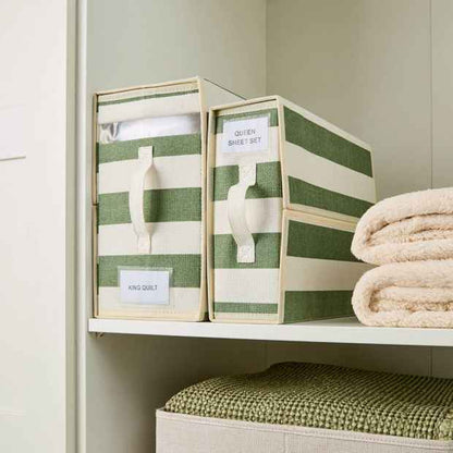 Linen-Look Bedding Storage Box - Green Stripe