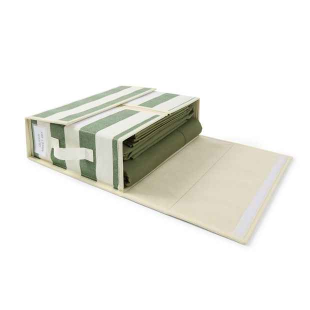 Linen-Look Bedding Storage Box - Green Stripe