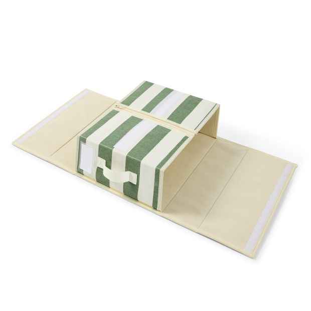 Linen-Look Bedding Storage Box - Green Stripe