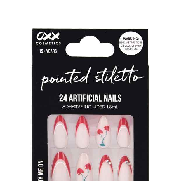 OXX Cosmetics 24 Pack Artificial Nails with Adhesive, Pointed Stiletto Shape - Cherry