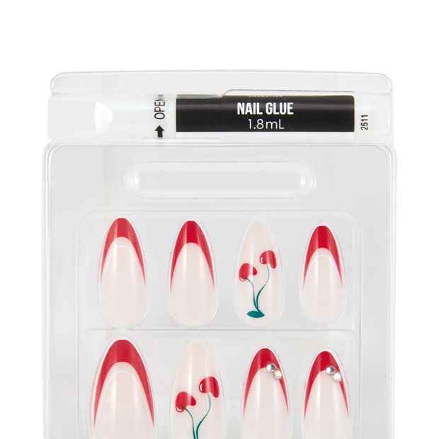 OXX Cosmetics 24 Pack Artificial Nails with Adhesive, Pointed Stiletto Shape - Cherry