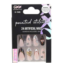OXX Cosmetics 24 Pack Artificial Nails with Adhesive, Pointed Stiletto Shape - Leopard Gold Gems