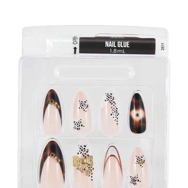 OXX Cosmetics 24 Pack Artificial Nails with Adhesive, Pointed Stiletto Shape - Leopard Gold Gems