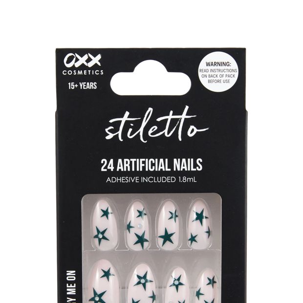 OXX Cosmetics 24 Pack Artificial Nails with Adhesive, Pointed Stiletto Shape - Teal Stars with Gems