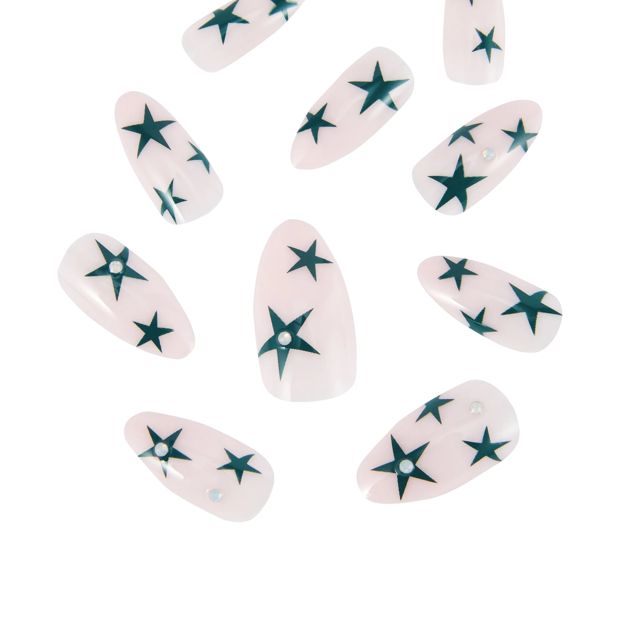 OXX Cosmetics 24 Pack Artificial Nails with Adhesive, Pointed Stiletto Shape - Teal Stars with Gems