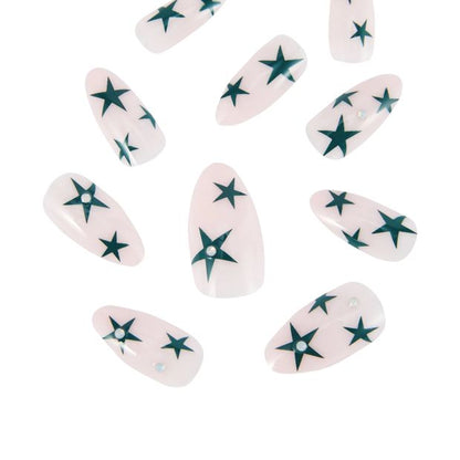 OXX Cosmetics 24 Pack Artificial Nails with Adhesive, Pointed Stiletto Shape - Teal Stars with Gems