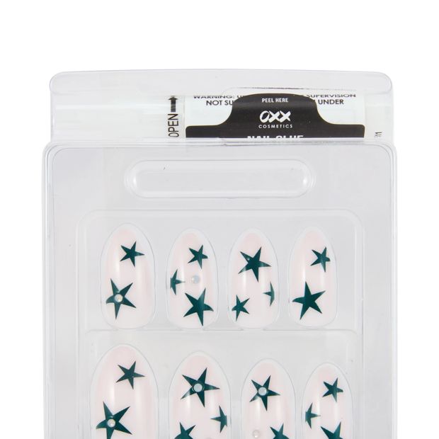 OXX Cosmetics 24 Pack Artificial Nails with Adhesive, Pointed Stiletto Shape - Teal Stars with Gems