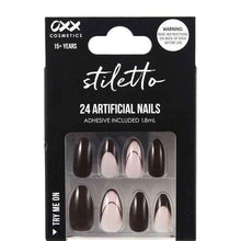 OXX Cosmetics 24 Pack Artificial Nails with Adhesive, Pointed Stiletto Shape - Brown French Tips