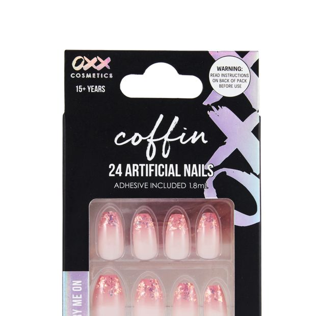 OXX Cosmetics 24 Pack Artificial Nails with Adhesive, Pointed Stiletto Shape - Coffin Pink Crystal Tips