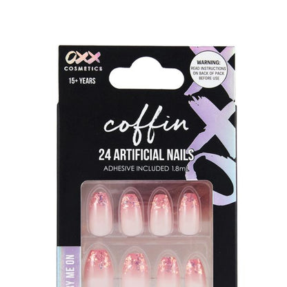 OXX Cosmetics 24 Pack Artificial Nails with Adhesive, Pointed Stiletto Shape - Coffin Pink Crystal Tips