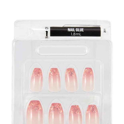 OXX Cosmetics 24 Pack Artificial Nails with Adhesive, Pointed Stiletto Shape - Coffin Pink Crystal Tips