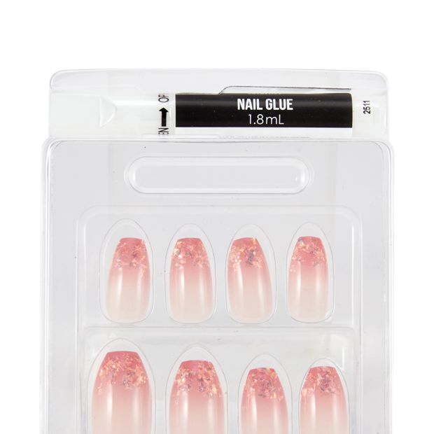 OXX Cosmetics 24 Pack Artificial Nails with Adhesive, Pointed Stiletto Shape - Coffin Pink Crystal Tips