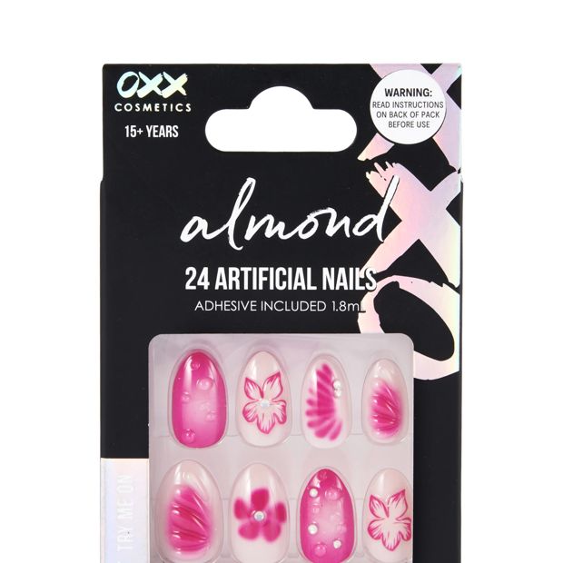 OXX Cosmetics 24 Pack Artificial Nails with Adhesive, Almond Shape - Fuchsia Pink Flowers And 3D Bubbles