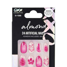 OXX Cosmetics 24 Pack Artificial Nails with Adhesive, Almond Shape - Fuchsia Pink Flowers And 3D Bubbles