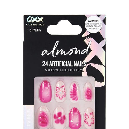 OXX Cosmetics 24 Pack Artificial Nails with Adhesive, Almond Shape - Fuchsia Pink Flowers And 3D Bubbles