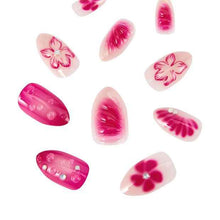 OXX Cosmetics 24 Pack Artificial Nails with Adhesive, Almond Shape - Fuchsia Pink Flowers And 3D Bubbles