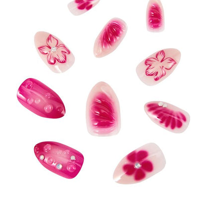 OXX Cosmetics 24 Pack Artificial Nails with Adhesive, Almond Shape - Fuchsia Pink Flowers And 3D Bubbles