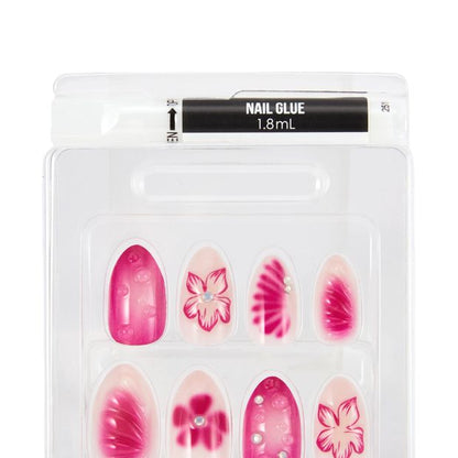 OXX Cosmetics 24 Pack Artificial Nails with Adhesive, Almond Shape - Fuchsia Pink Flowers And 3D Bubbles