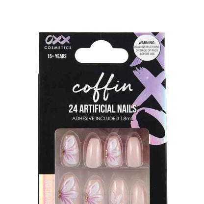 OXX Cosmetics 24 Pack Artificial Nails with Adhesive, Coffin shape, 3D Petal