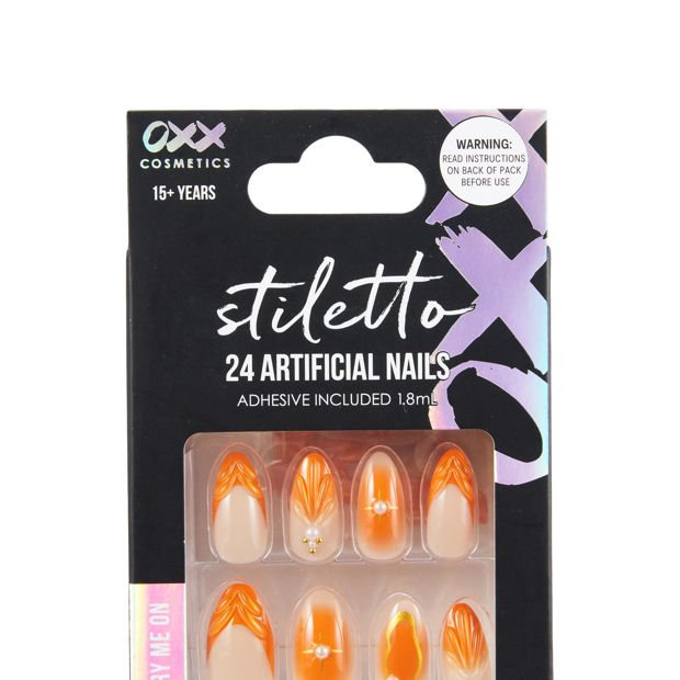 OXX Cosmetics 24 Pack Artificial Nails with Adhesive - Stiletto - Orange