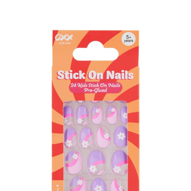 OXX Junior Pack Kids Pre-Glued Stick-On Nails, Stiletto Shape - Pink and Purple