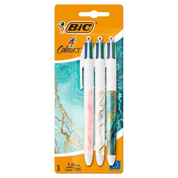 3 Pack BIC 4 ColoursÂ Marble Design Ballpoint Pens