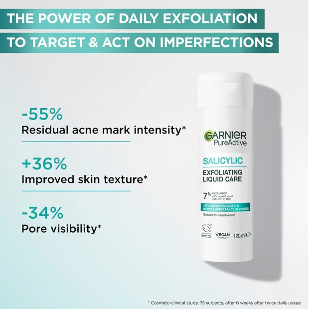 Garnier PureActive Salicylic Exfoliating Liquid Care 120ml - 7% Niacinamide, Squalane, AHA and Salicylic Acid