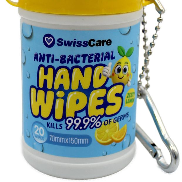 SwissCare 20 Piece Anti-Bacterial Keychain Handwipes - Zesty Lemon