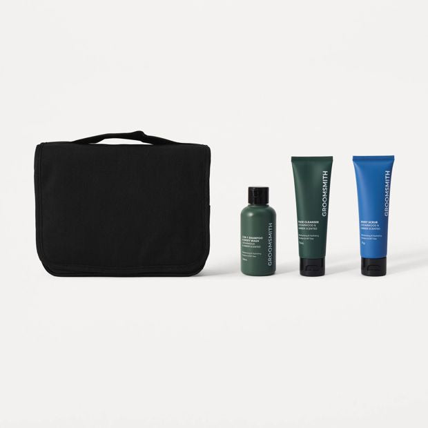 Groomsmith Men's 4 Piece Large Wash Bag Pack - Cedarwood and Amber Scented
