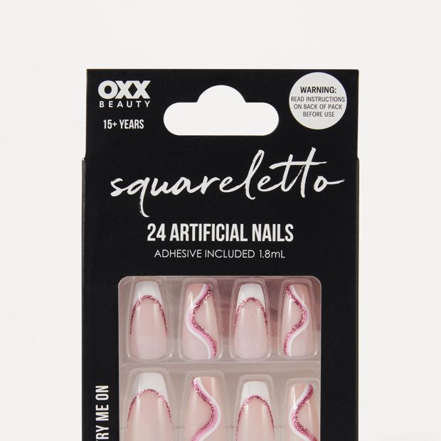 OXX Beauty Pack Artificial Nails with Adhesive - Squareletto Shape - Pink Glitter