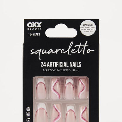 OXX Beauty Pack Artificial Nails with Adhesive - Squareletto Shape - Pink Glitter