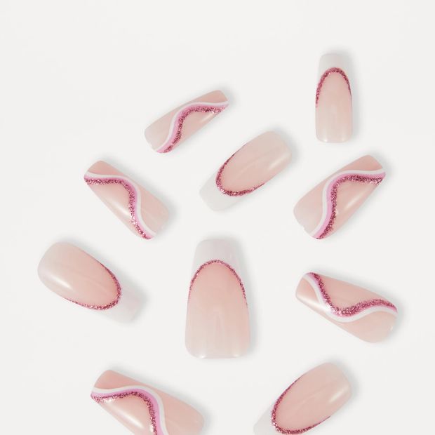 OXX Beauty Pack Artificial Nails with Adhesive - Squareletto Shape - Pink Glitter
