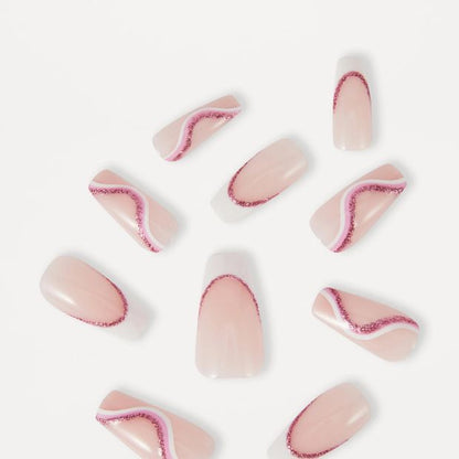 OXX Beauty Pack Artificial Nails with Adhesive - Squareletto Shape - Pink Glitter
