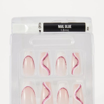 OXX Beauty Pack Artificial Nails with Adhesive - Squareletto Shape - Pink Glitter