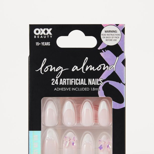 OXX Beauty 24 Pack Artificial Nails with Adhesive, Long Almond Shape - French Tip and 3D Bow