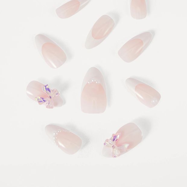 OXX Beauty 24 Pack Artificial Nails with Adhesive, Long Almond Shape - French Tip and 3D Bow