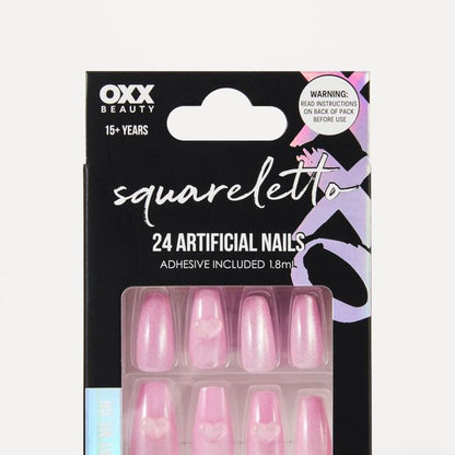 OXX Beauty 24 Pack Artificial Nails with Adhesive, Squareletto Shape - Pink - 3D Heart