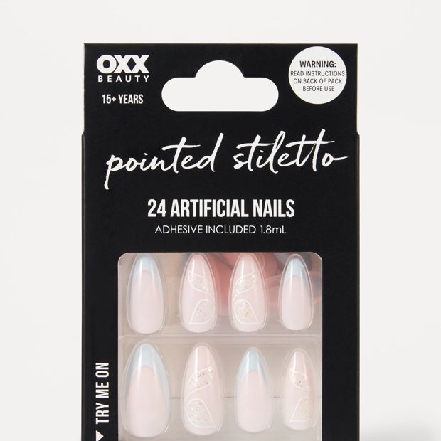 OXX Beauty 24 Pack Artificial Nails with Adhesive, Pointed Stilleto Shape - Blue French Tip