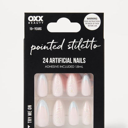 OXX Beauty 24 Pack Artificial Nails with Adhesive, Pointed Stilleto Shape - Blue French Tip