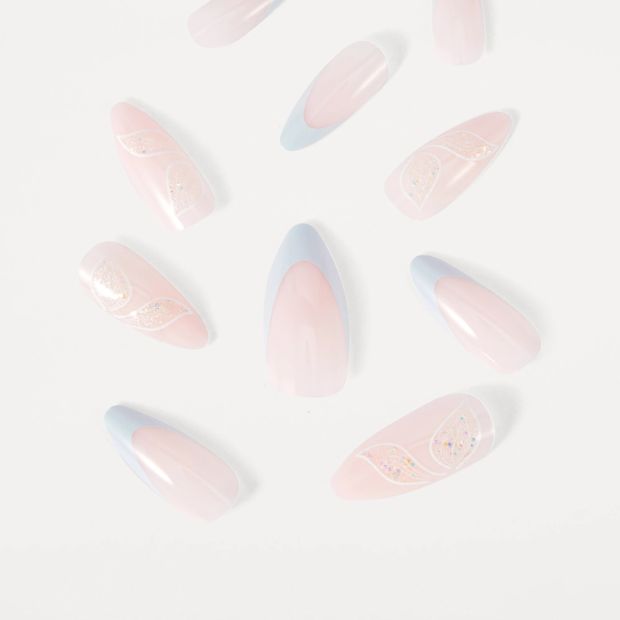 OXX Beauty 24 Pack Artificial Nails with Adhesive, Pointed Stilleto Shape - Blue French Tip