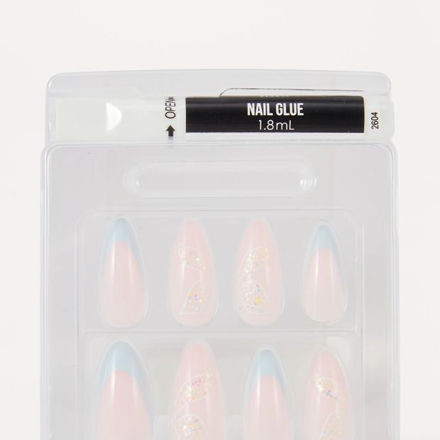 OXX Beauty 24 Pack Artificial Nails with Adhesive, Pointed Stilleto Shape - Blue French Tip