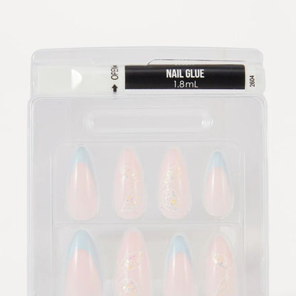 OXX Beauty 24 Pack Artificial Nails with Adhesive, Pointed Stilleto Shape - Blue French Tip