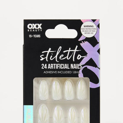 OXX Beauty 24 Pack Artificial Nails with Adhesive, Stiletto Shape - 3D Shell