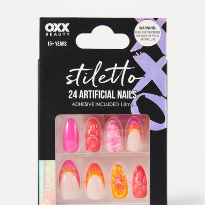 OXX Beauty 24 Pack Artificial Nails with Adhesive, Stiletto Shape - 3D Summer Pop